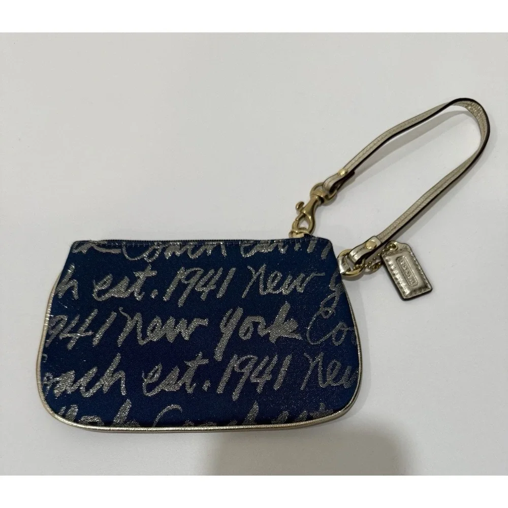 Coach Script New York Gold Trim Navy Blue Heart Purse Bag Wristlet